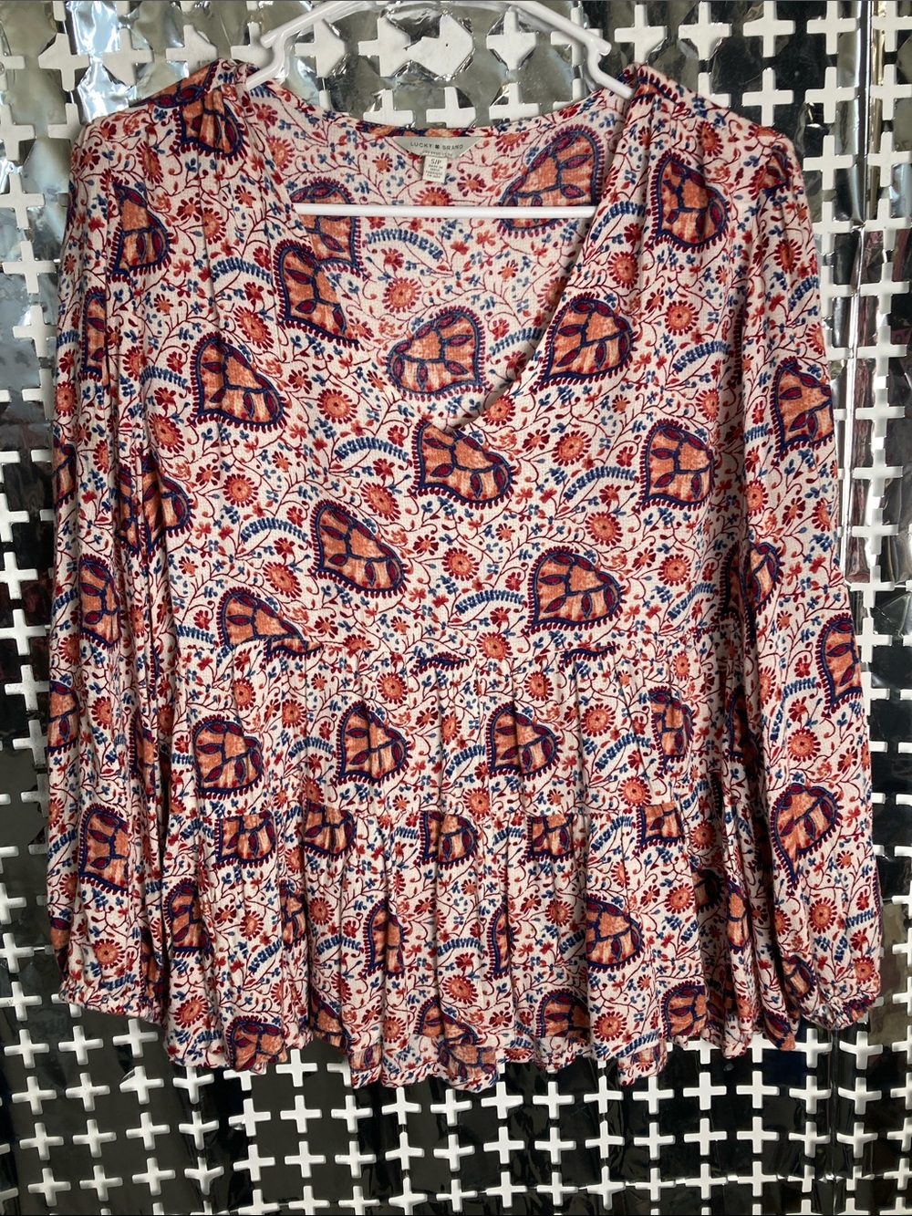 Lucky Brand Floral Paisley Peplum Top - Pink, Orange, Navy